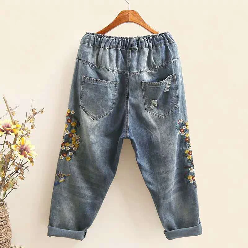 Джинсы-капри женские с цветочной вышивкой винтажные рваные джинсы из хлопка