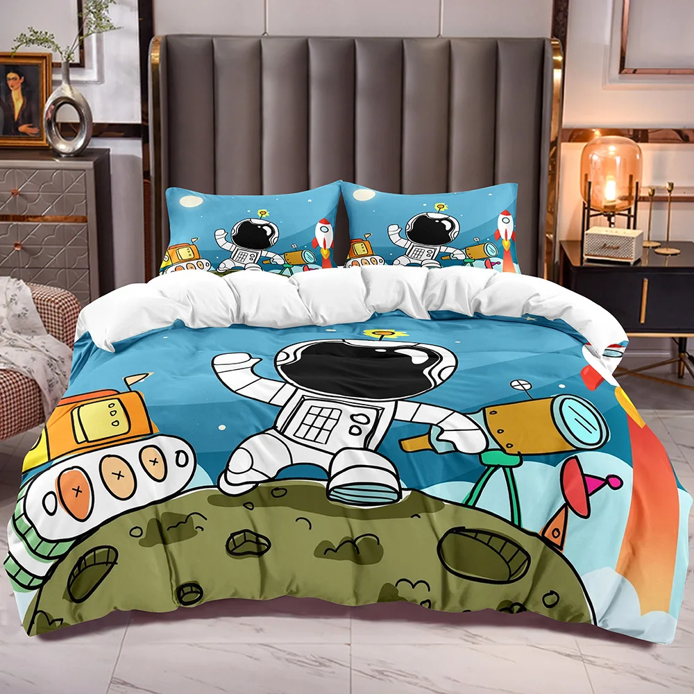 

Duvet Cover for Kids Astronaut Moon Rocket Cartoon Pattern Zipper Closure Microfiber Comforter Cover Corner Tie Children