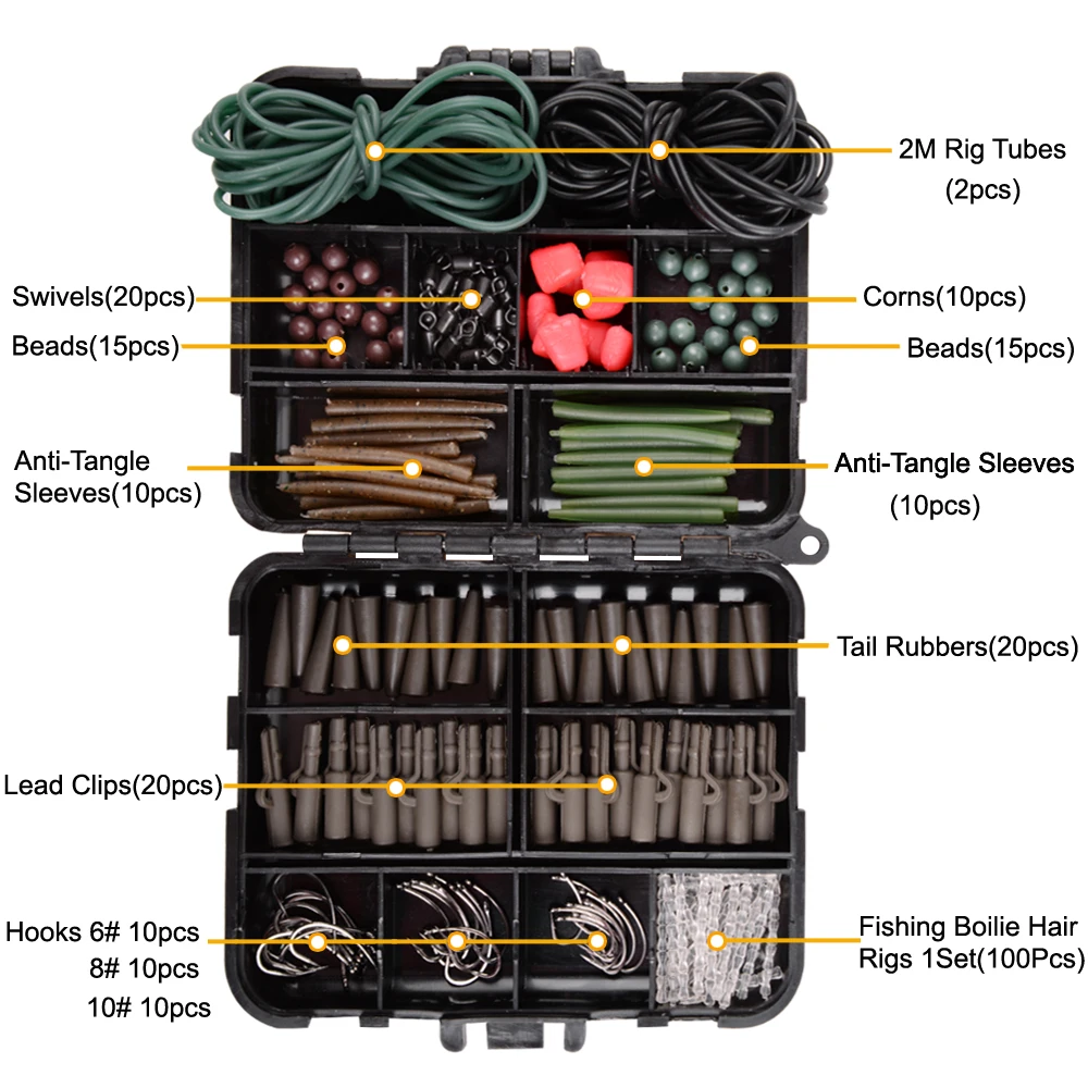 252 шт/коробка снастей для карповой рыбалки, включая защитные рукава от запутывания лески, качающиеся крючки, безопасные грузила, бисер и приманки из кукурузы.