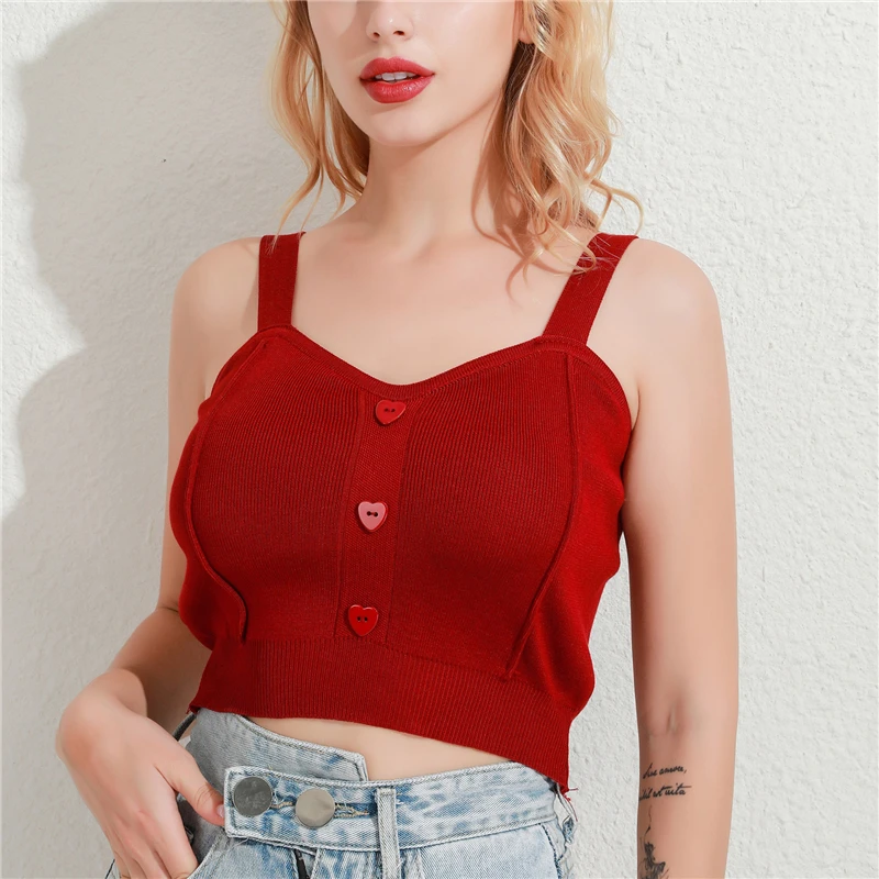 

Women Kintted Tank Tops Heart Shaped Button Backless Crop Top Sexy V Neck Sleeveless Top Casual Beach Female Camisole