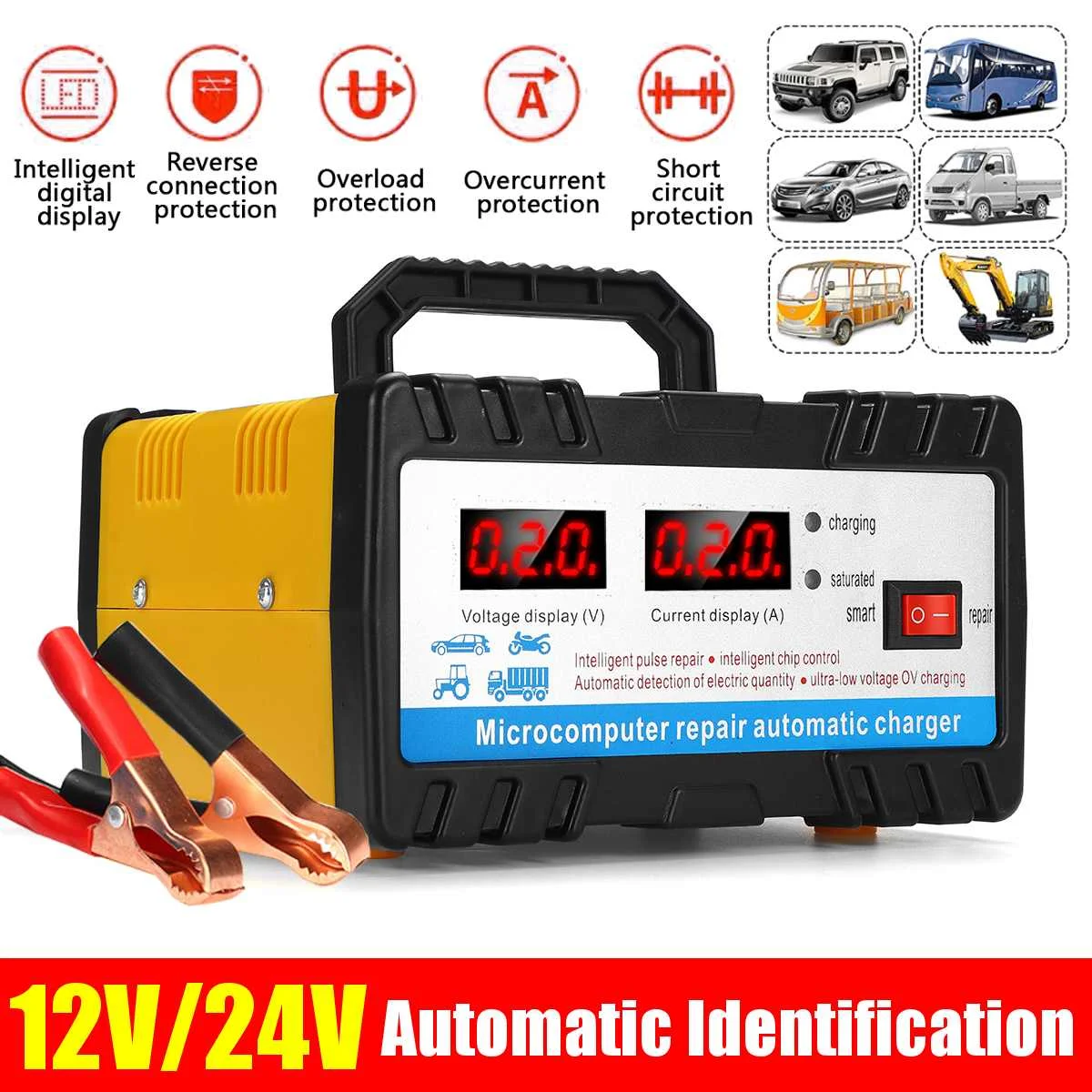 

Умное зарядное устройство для аккумуляторов 12 В/24 В, автомобильное зарядное устройство 200 ач, умный пульсирующий ремонт автомобиля, грузови...