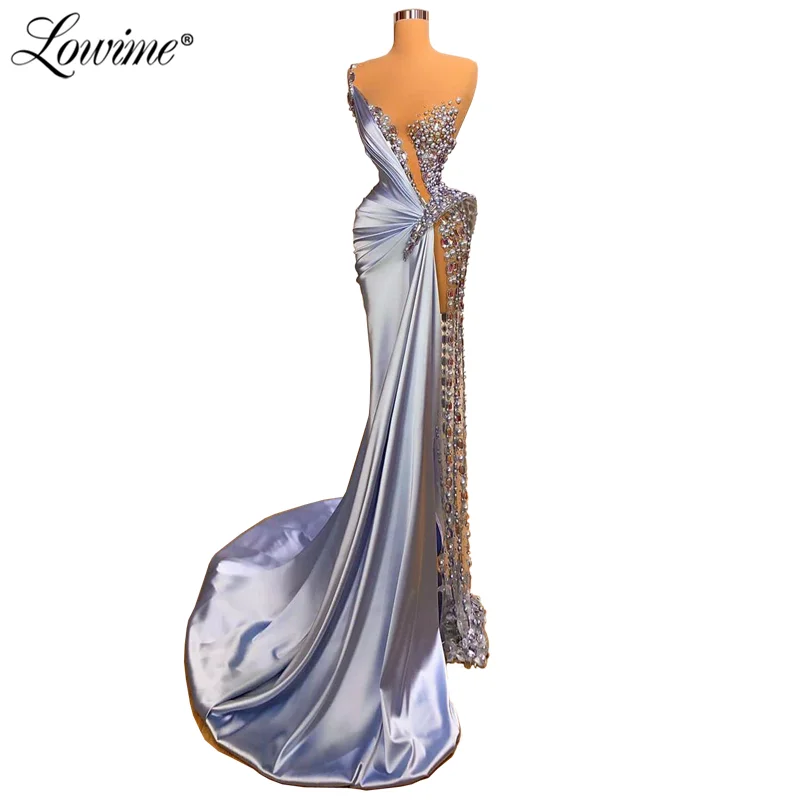 Lowime See Through Beaded Elegant Mermaid Evening Dresses Celebrity Dress Customized Illusion Dubai Long Party Prom Gowns 2021