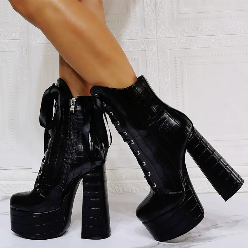Winter Shoes Boots Black Chunky High Heel Platform Ankle Boots Stone Print Round Toe Fashion Short Booty Lace Shoes Zip Size 47