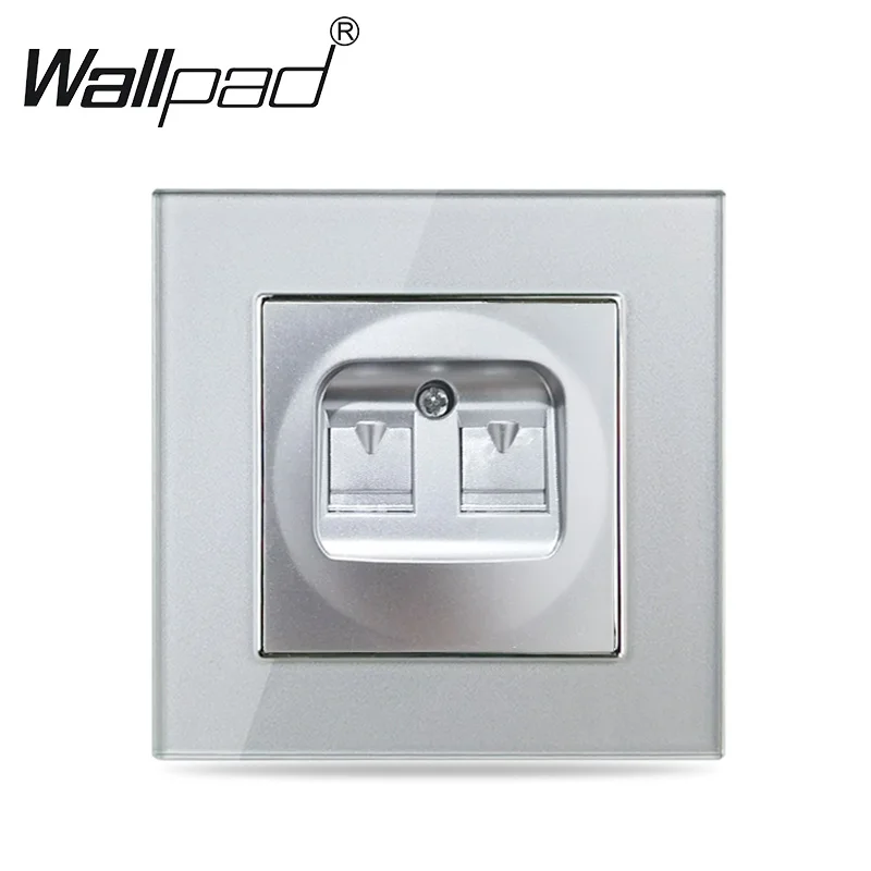 

EU Silver Cat6 Data Tel Socket Wallpad Tempered Glass EU Standard Double CAT 6 Computer Telephone RJ45 RJ11 Internet Outlet