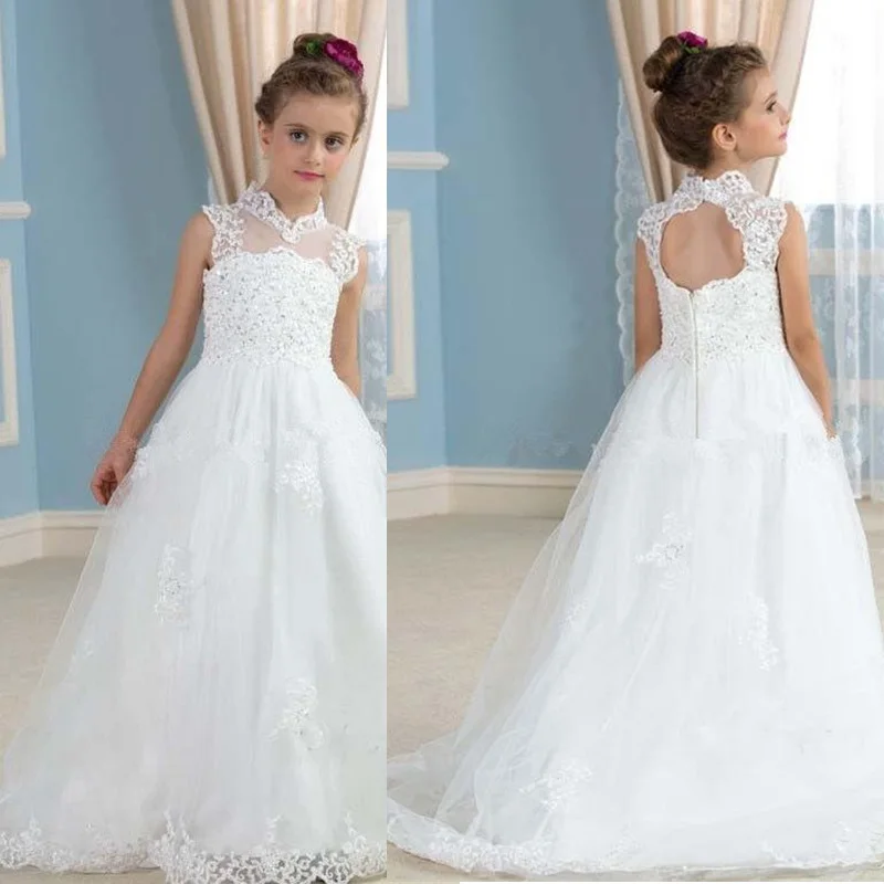 White Flower Girl Dress for Wedding High Neck First Communion Bridesmaid Party Gowns | Свадьбы и торжества