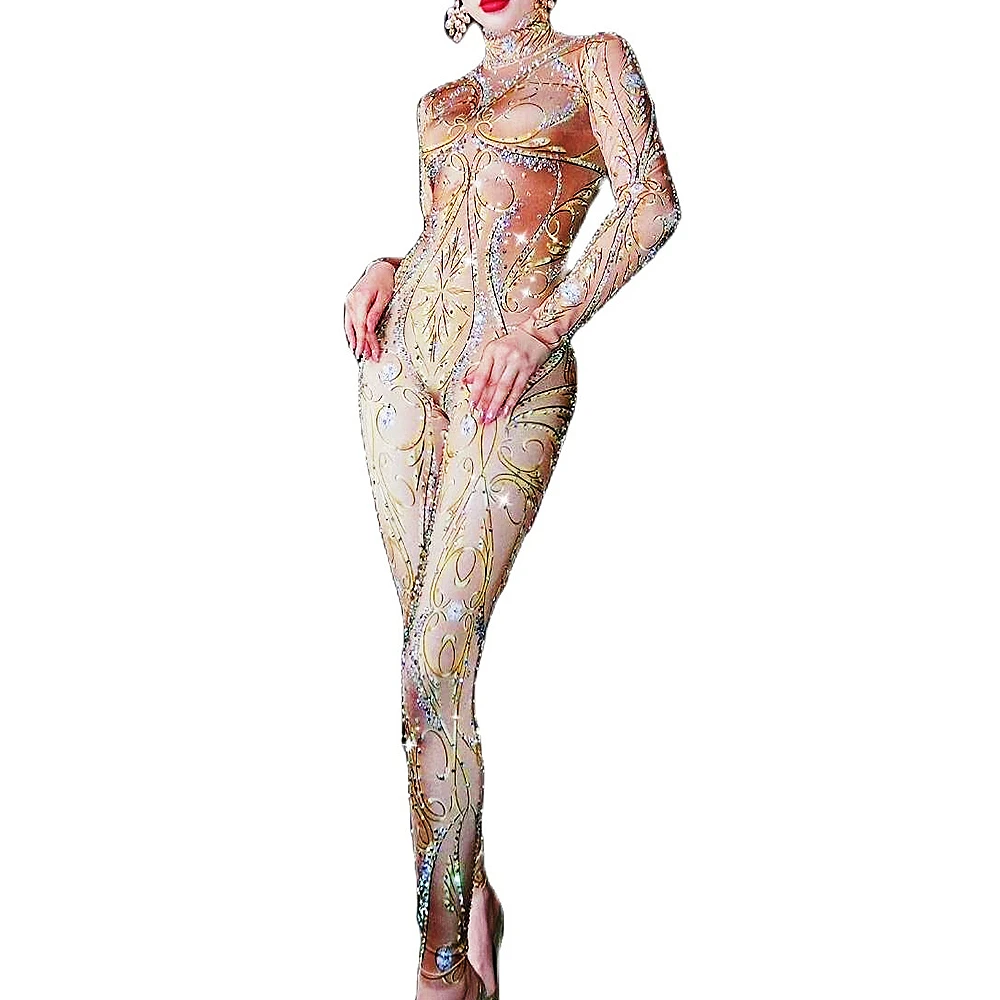 

New Sparkly Rhiestones Floral Print Women Jumpsuit Long Sleeve Stretch Tight Bodysuits Nightclub Dance Wear Pole Dancing Outfit