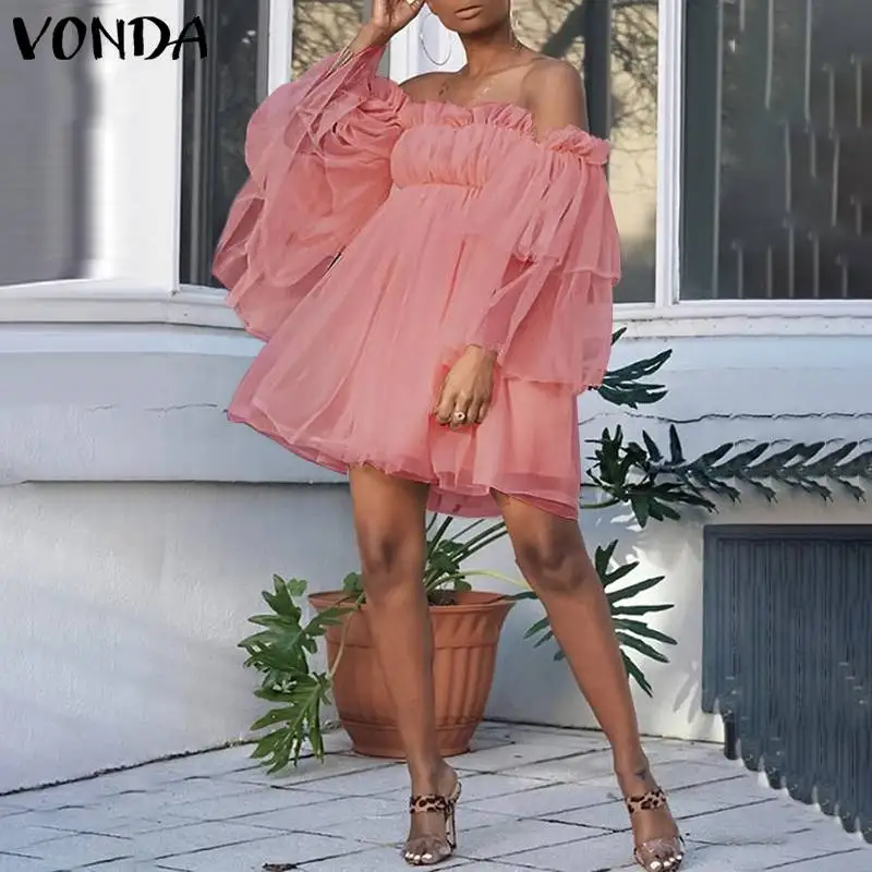

VONDA 2021 Mini Dress Women Mesh Lace Solid Long Sleeve Pleated Robes Sexy Off Shoulder Party Ruffled Vestidos Loose Short Dress