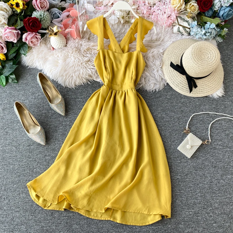 Женское летнее платье желтого цвета с поясом на спине и открытой спиной|Пляжная