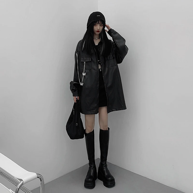 

Japanese Casual Women Loose Leather Moto Jacket Outerwear Korean High Street Coat Chic Streetwear Long Sleeve Black Leather Tops