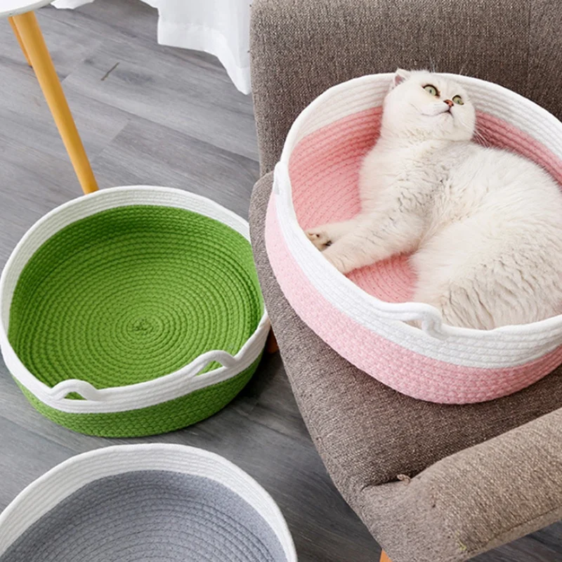 

Round Woven Cute Bite-Resistant Cat Bed House Cat Mat Cat Sleep Nest Cat Scratcher Pet Cushion Portable Pets Supplies