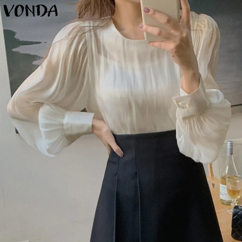 

VONDA Stylish Tops 2022 Autumn Long Puff Sleeve Shirts Tunic Solid Color Elegant Office Blusas Femininas Casual Women Blouses