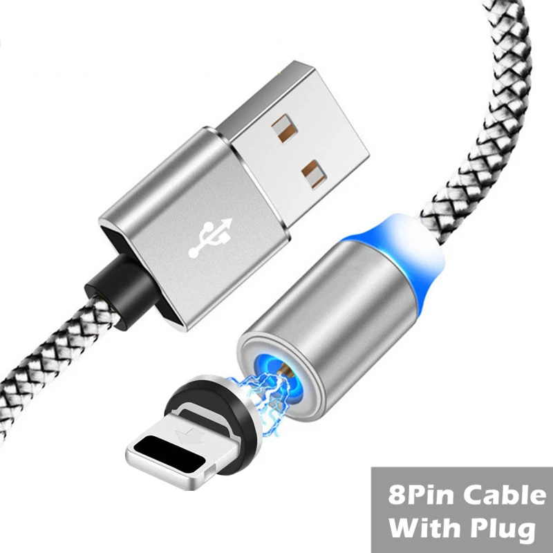 1 м 2 м длинный Магнитный кабель USB C Micro USB светодиодный Usb кабель для зарядки для iPhone 8X11 Pro samsung S8 S9 A8 A80 A50 A5 A7 - Цвет: Silver 8Pin