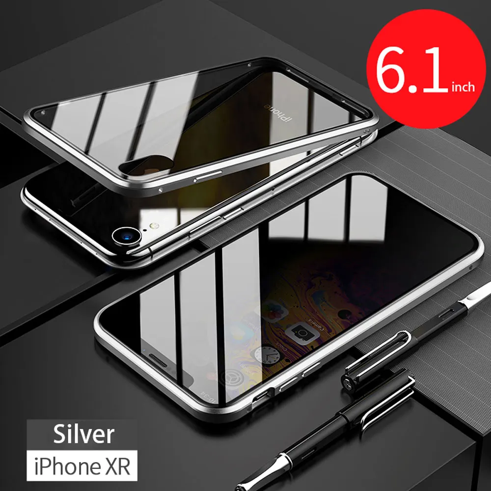 Silver Магнитный чехол 360 градусов для IPhone X XS MAX 7 6 6splus 8 PLUS, двухсторонний, полный ударопрочный защитный прозрачный чехол - Цвет: Silver