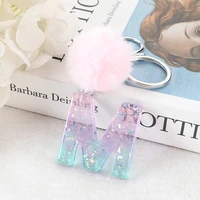 1pc english a z alphabet letters keychain pompom glitter keyring initial resin handbag pendant car mirror accessory