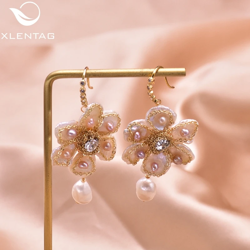 

XlentAg Natural handmead Fresh Water Pearl Flower Drop Earring For Women Girls Lovers Wedding Gift Fine Fashion Jewellery GE0819