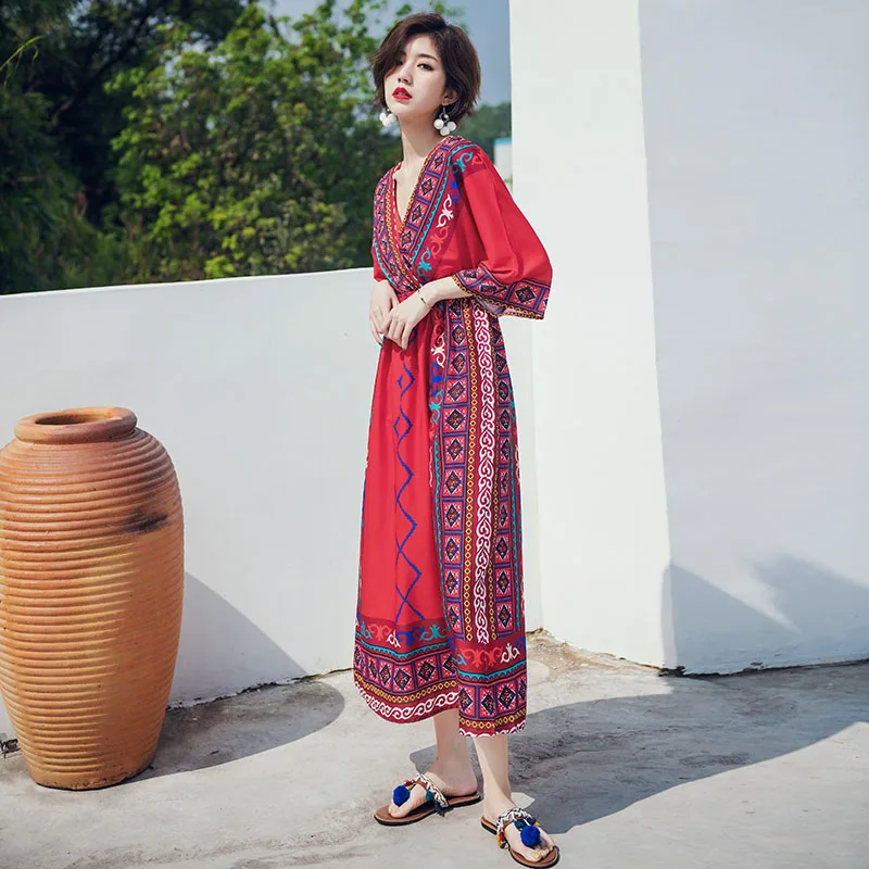 New women clothes 2019 Spring and summer new style Beach dress Bohemian midi Printed Ethnic wind beach | Женская одежда