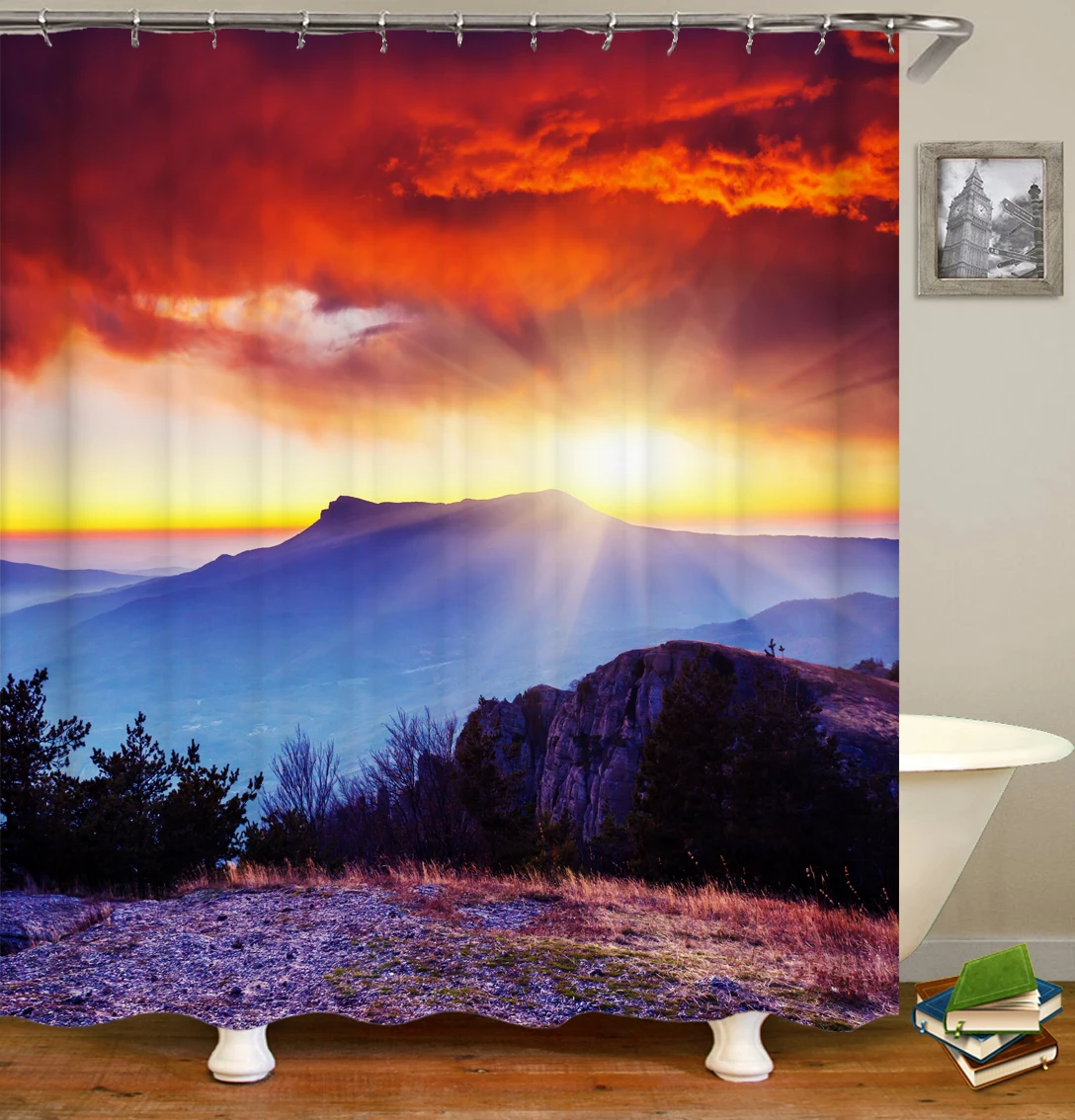 

3d Sunset Scenery Shower Curtains Art Bathroom Curtain Landscape Waterproof Bath Curtain With Hooks Accept Customization