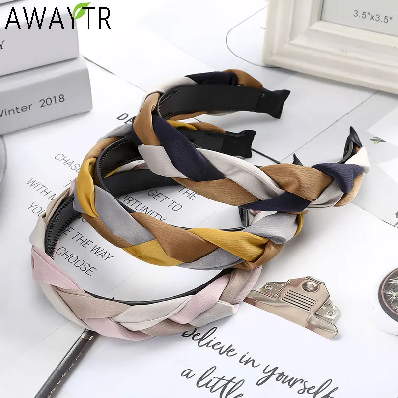 AWAYTR, атласная ткань, косички, повязки на голову, корейская мода, закрученные плетеные повязки на голову, разноцветные, завязанные, широкие, украшения для волос для женщин