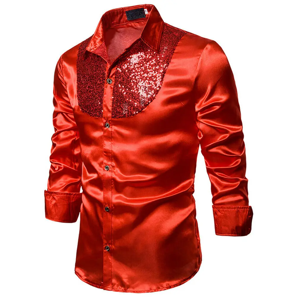 Мужская атласная рубашка с блестками длинным рукавом блестящая шелковая для