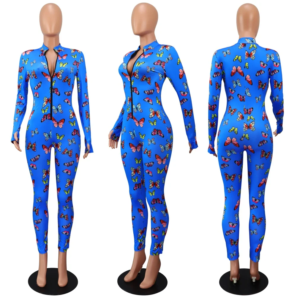 

Women's Butterfly Print Romper Long Sleeve Jumpsuit Zipper V-Neck Tight Elastic Home Gym Pants Autumn Female Clothes S-2XL