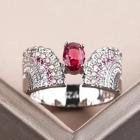 exquisite silver plated red cz stone ring micro paved white rhinestones crown rings for women wedding party jewelry gift h3m670