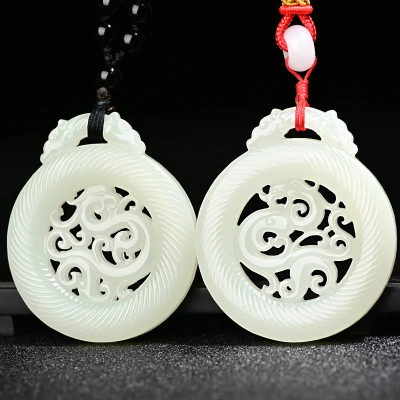 

Xinjiang natural Hotan jade dragon and Phoenix auspicious pendant antique couple jade pendant men's and women's Jade Pendant