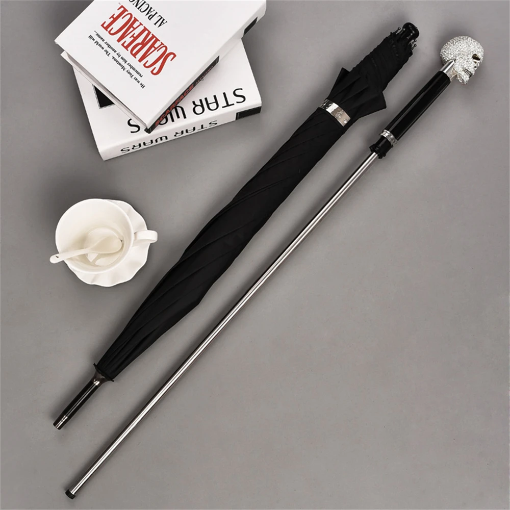 Personality Skull Walking Cane Stick Self Defense 2-In-1 Sturdy Windproof UV Protection Umbrella  Hiking Hanging Out On Raining