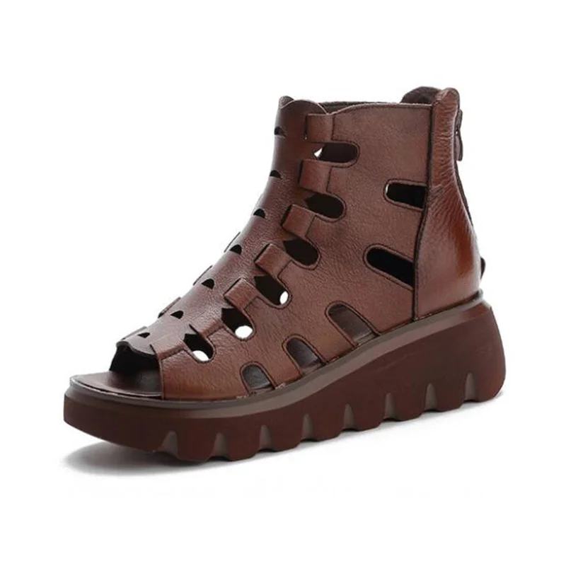 

Женские сандалии из натуральной кожи, водонепроницаемые сандалии-гладиаторы в римском стиле на каблуке, с открытым носком и прорезями, лето 2021