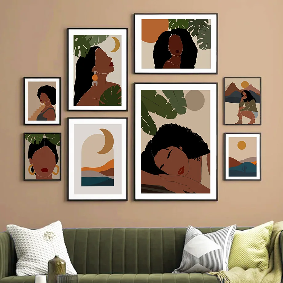 

Fashion African Girl Poster Abstract Vintage Moon Mountain Landscape Wall Art Canvas Painting Interior Home Wall Decor Pictures