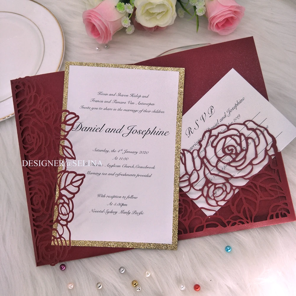 Карманное Свадебное приглашение с красной лазерной резкой и блестящим