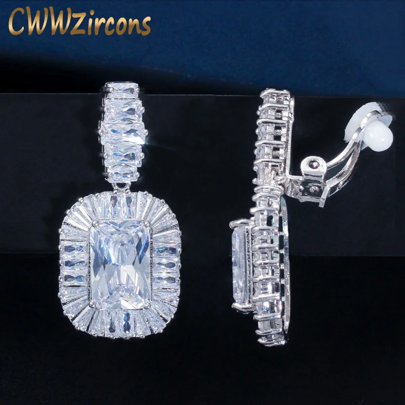 CWWZircons Non Pierced Ear Gorgeous Top Cubic Zirconia Crystal Women Party Clip On Long Earrings without Piercing CZ586