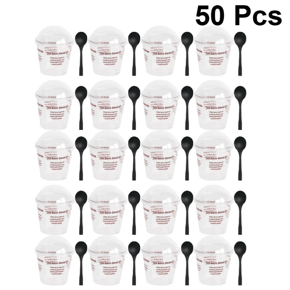 

50 Sets of Disposable Mousse Cup DIY Tiramisu Cup Dessert Cup Creative Dessert Container with Spoon and Lid Random Color