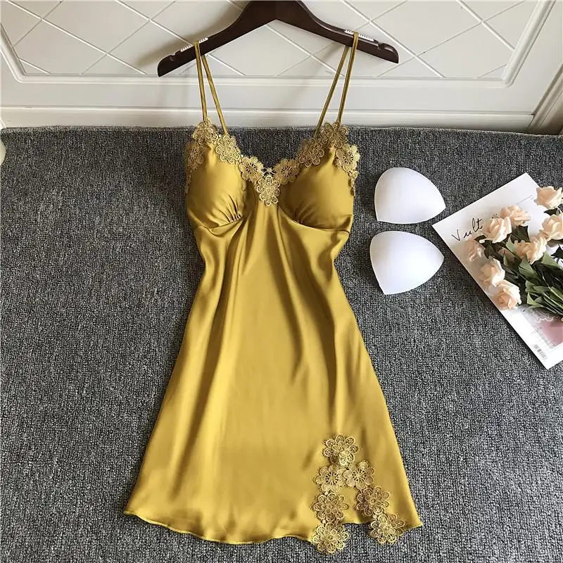 

Green V-neck Backless Nightgown Sexy Womens Spaghetti Strap Short Nightdress Lace Flower Summer New Sleepwear Satin Home Dress
