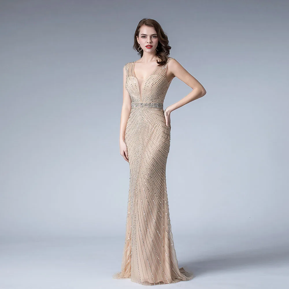 YQLNNECouture длинное вечернее платье телесного цвета с кристаллами фатиновое русалки