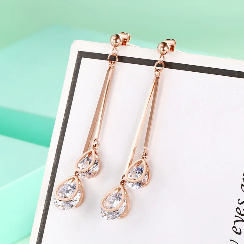 Женские длинные серьги в форме капель из розового золота с кристаллами женские
