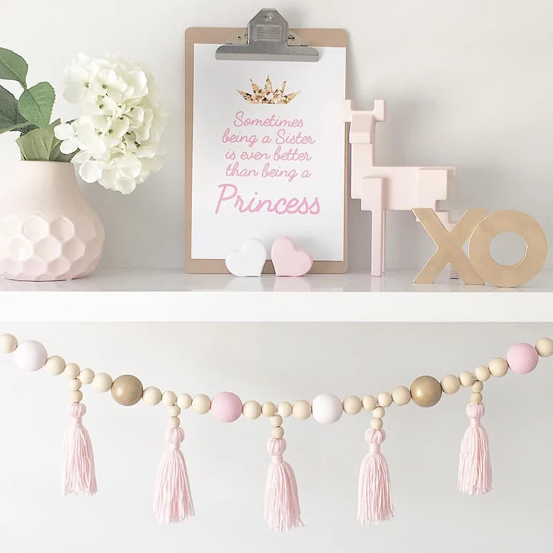 

Nordic style colorful beads tassel wooden Wall Shelf clapboard decoration Children room kids clothing store display stand