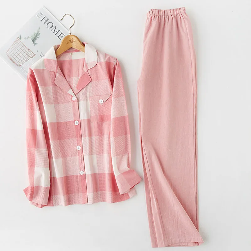 

cotton pajamas for women 2 pieces cotton sleepwear pink plaid turn-down collar pajamas set top+pants female home clothes