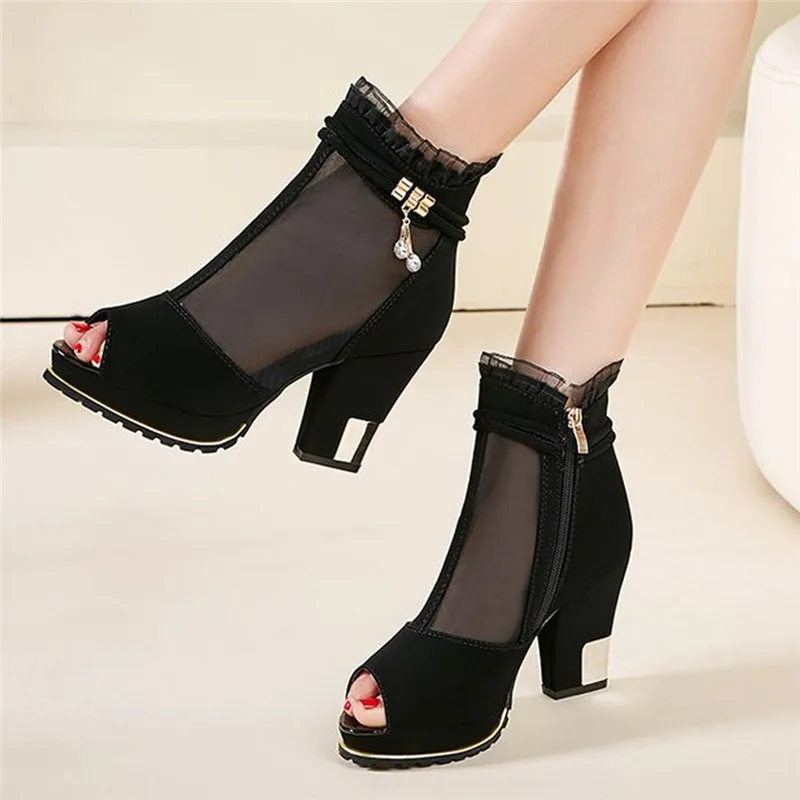 Женские римские сапоги размера плюс с открытым носком на очень высоком каблуке