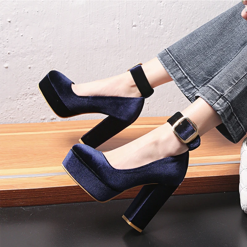 

Dilalula 2021 Spring Autumn New Large Size 32-42 Black Platform Shallow Ankle Strap Pumps Super High Heel Women Shoes