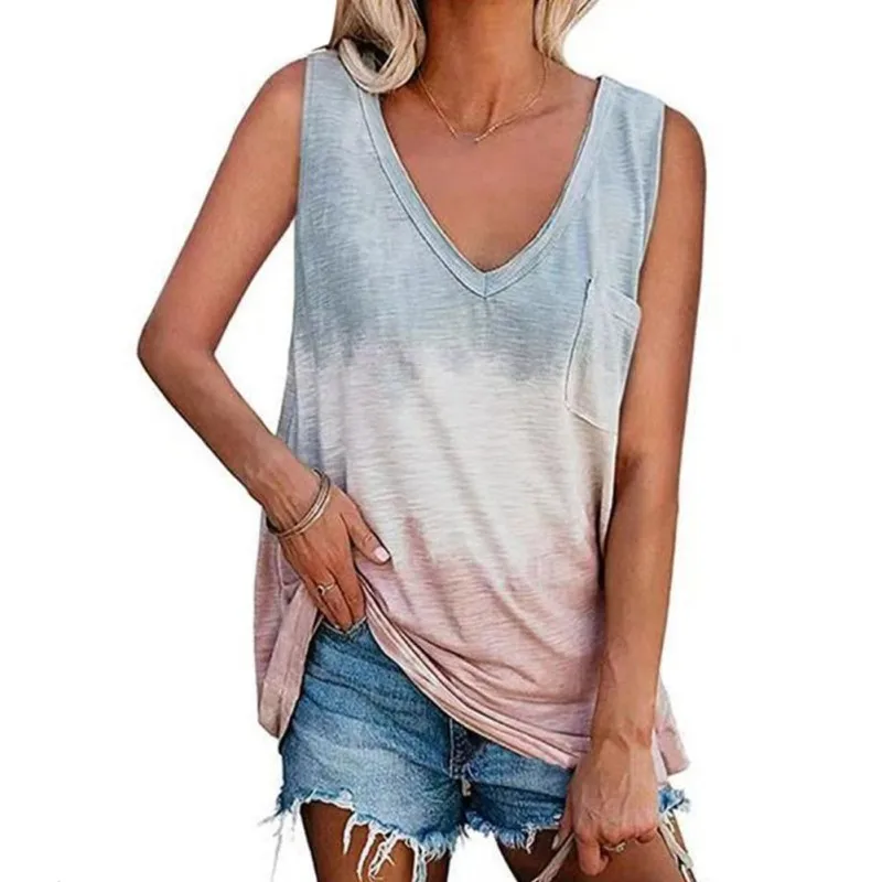 

ROPALIA Sexy Sleeveless Top Summer Women Loose And Fashionable Vest V-Neck Print Stitching Color T-Shirt