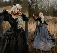gothic princess medieval black ball gown wedding dress long sleeve lace applique vintage victorian masquerade bridal gowns