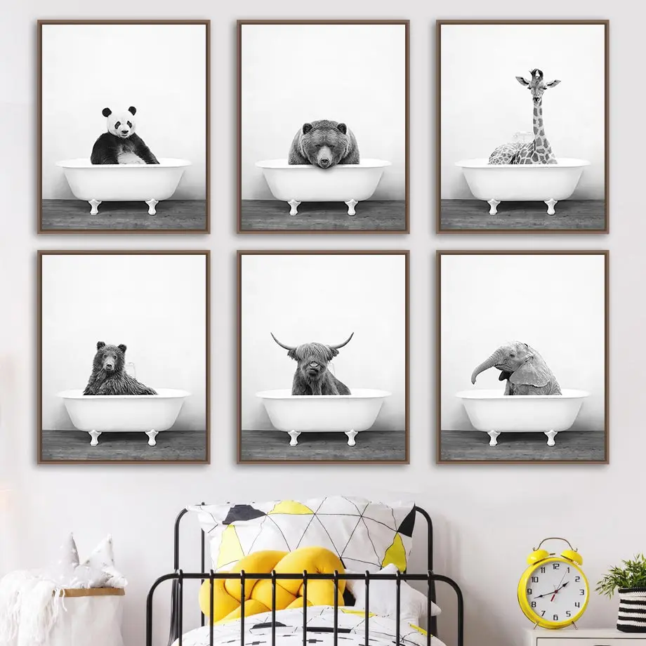 

Elephant Panda Giraffe Flamingos Bathroom Toilet Canvas Nordic Painting Animal Bathtub Poster Black And White Prints Home Decor