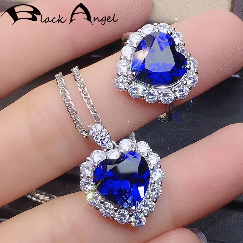 

BLACK ANGEL New Romantic Love Heart Pendant Jewelry Set For Women Inlaid Blue Red Gemstone Necklace Resizable Ring Wedding Gift