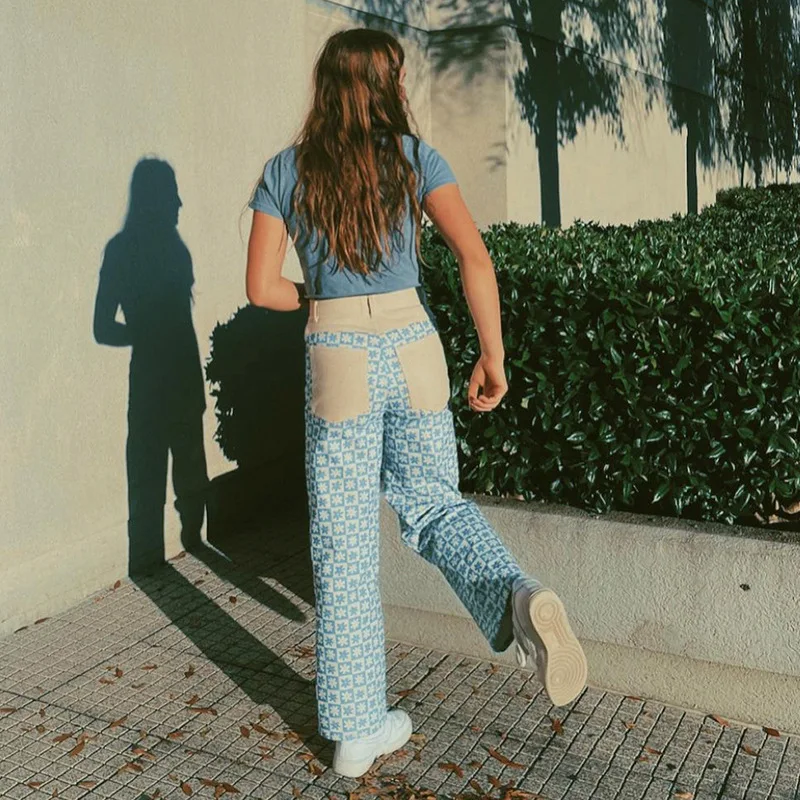 

Missnight Patchwork Pants Blue Floral Print High Waist Baggy Pants Women Pockets Kawaii Straght Long Trousers Vintage Streetwear