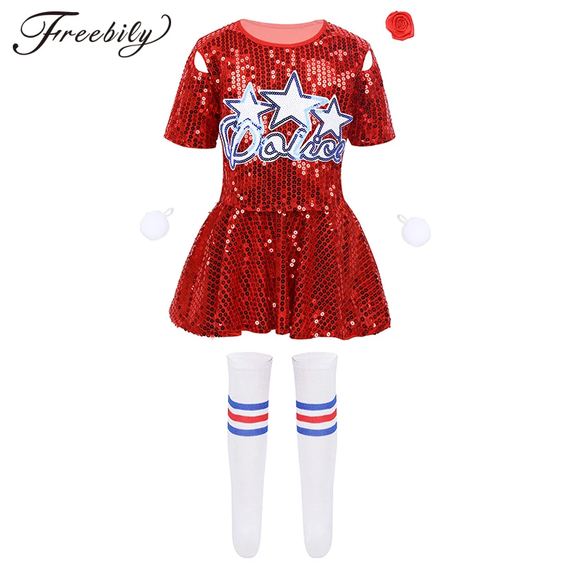 

Child Girls Hip-hop Jazz Stage Dance Costume Cheerleading Outfit Sequins Crop Top +Skirt Shorts Flower Socks Set Kids Dance Wear