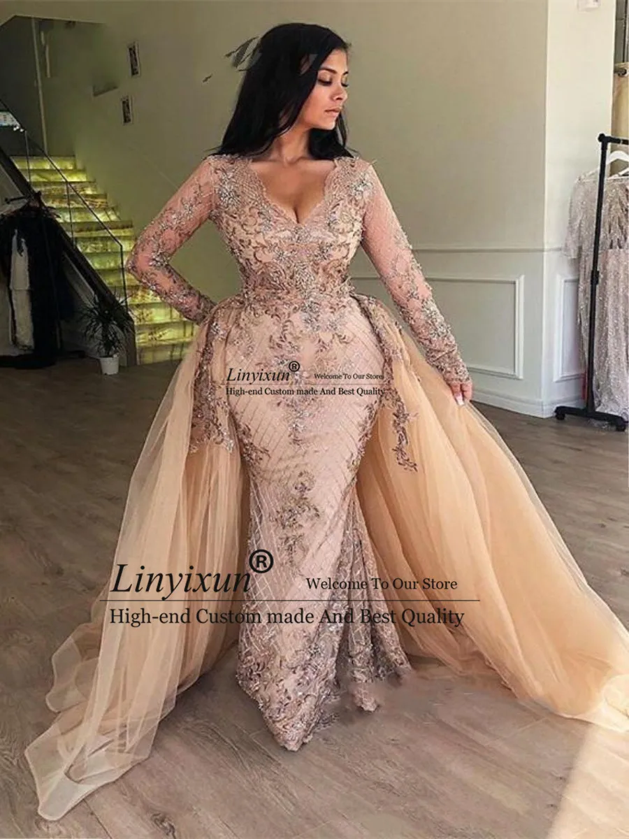 

Arabic Champagne Sequin Mermaid Evening Dresses with Detachable Skirt V-Neck Dubai Women Prom Dresses Long Sleeves robe de soire