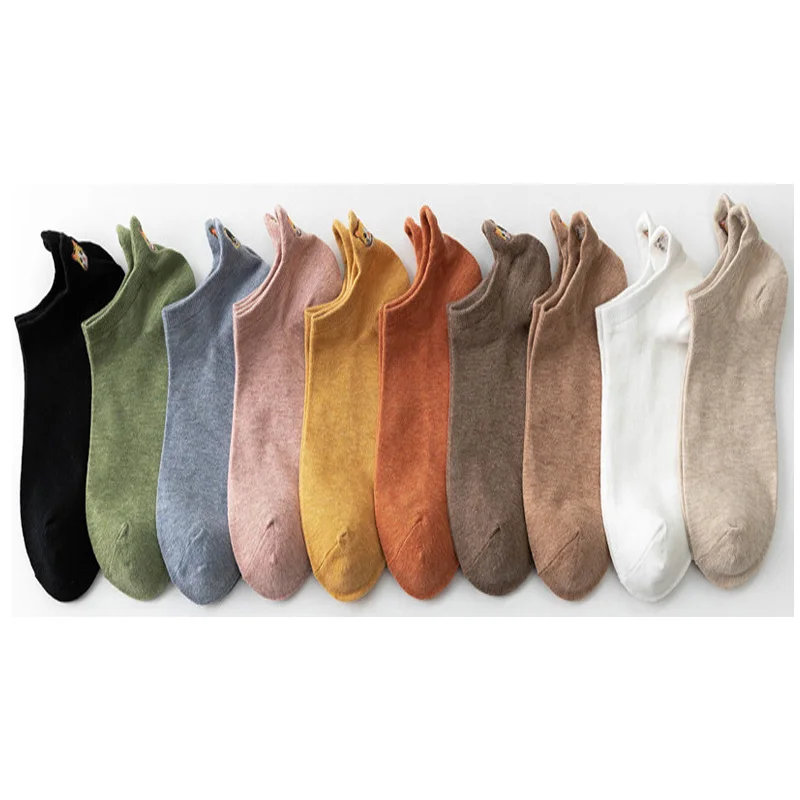 10 Pairs Cartoon Cat Embroidery Short Socks Women Funny Harajuku Happy Ankle Socks Woman Cotton Shallow Mouth Spring Summer Sock