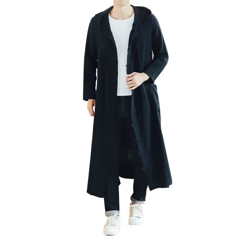 

Men Long Casual Hooded Trench Coat Cardigan Jacket Outerwear Overcoat Spring Autumn Male Loose Hoody Harujuku Long Thin Jakcet