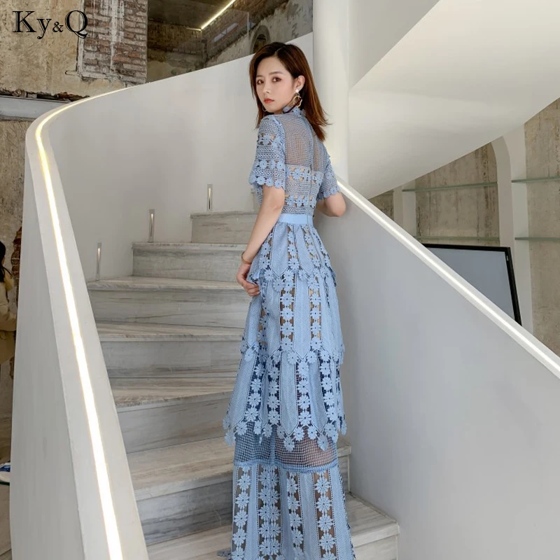 Новинка 2020 модное синее женское винтажное кружевное платье высокое качество