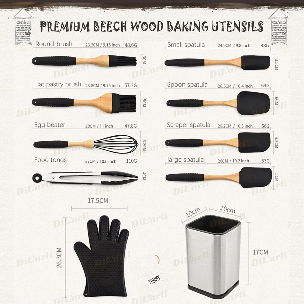 

Silicone Baking Utensils Cooking Accessories Pastry Tools Set Cake Spatula Scraper Natural Beech Wood Handles Elegant Cookware